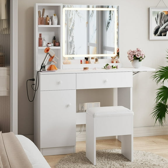 Carlno White Vanity Set with Mirror and LED Light and Power Outlet, Vanity Desk with Storage Cabinet & Cushioned Stool & Foldable Panel, Makeup Vanity for Bedroom