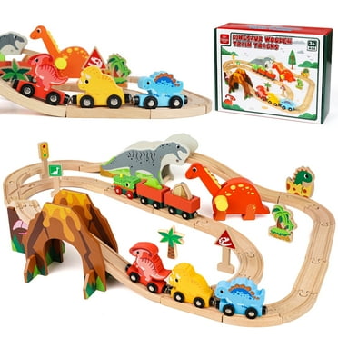 Train Set, Train Set for Kids, Train Toys with Wooden Track & Bridge & Accessories, Toddler Boy Toys, Wooden Dinosaur Toy for Boys 2 3 4 5 6 Year - Compatible with All Major Brands