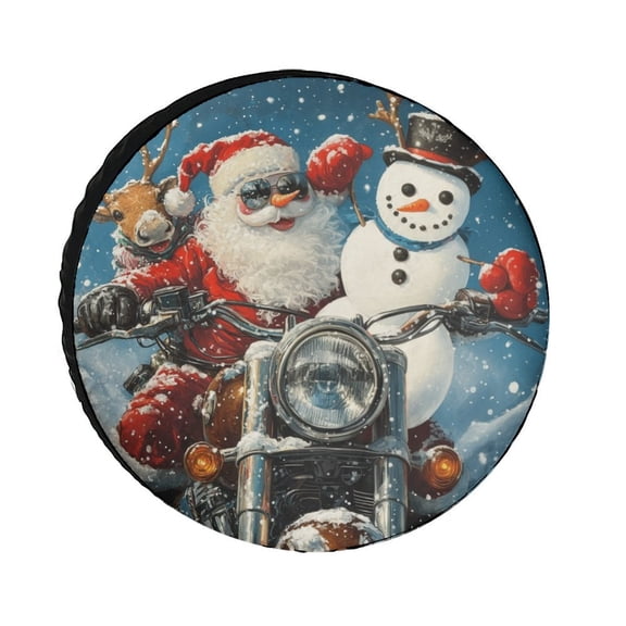 Heavy Duty Spare Tire Cover 12inch Santa Claus And Reindeer Riding Motorcycle Wheel Protectors Weatherproof Christmas Decorations for Camper Trailer Truck SUV Universal