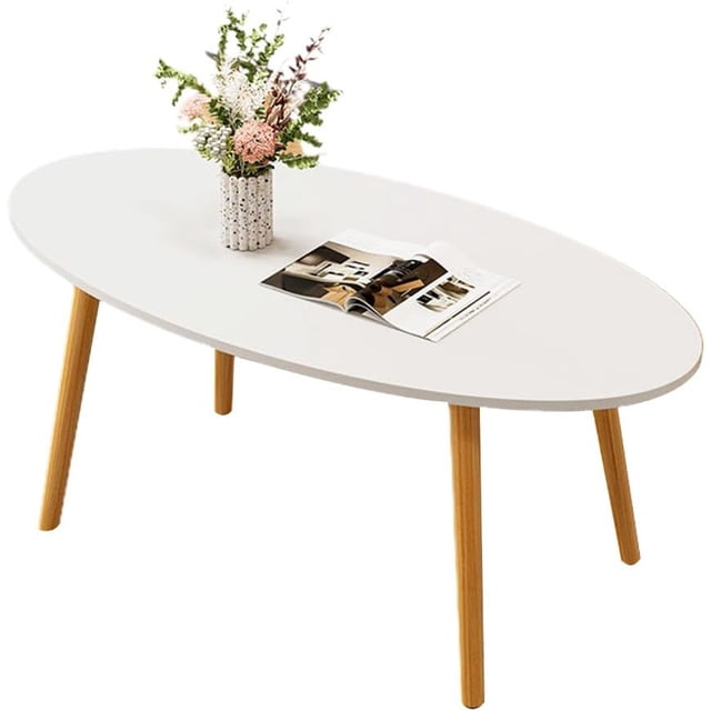 mesa de centro para sala mesa auxiliar mesas laterales recibidor mesitas lateral coffee table minimalista pequeña la moderna madera mesa decorativa oficina y hogar (blanco) mesa ovalada blanca con superficie lisa y cuatro patas cilíndricas en madera clara; vista en 3/4 con un jarrón de flores y una revista sobre la tapa, ideal como mesa de centro o auxiliar para sala o recibidor.