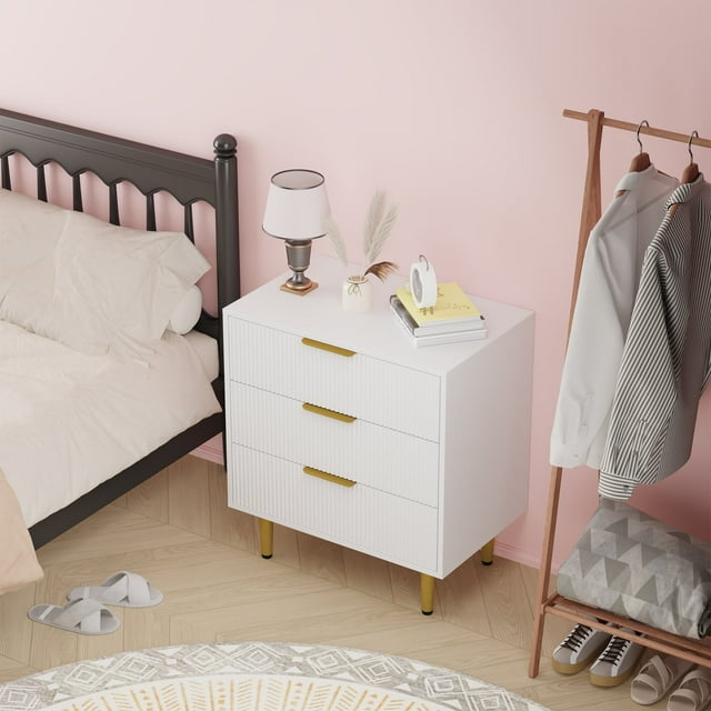 Commode Cannelée avec Poignées Dorées, Coffre de Rangement en Bois pour Chambre