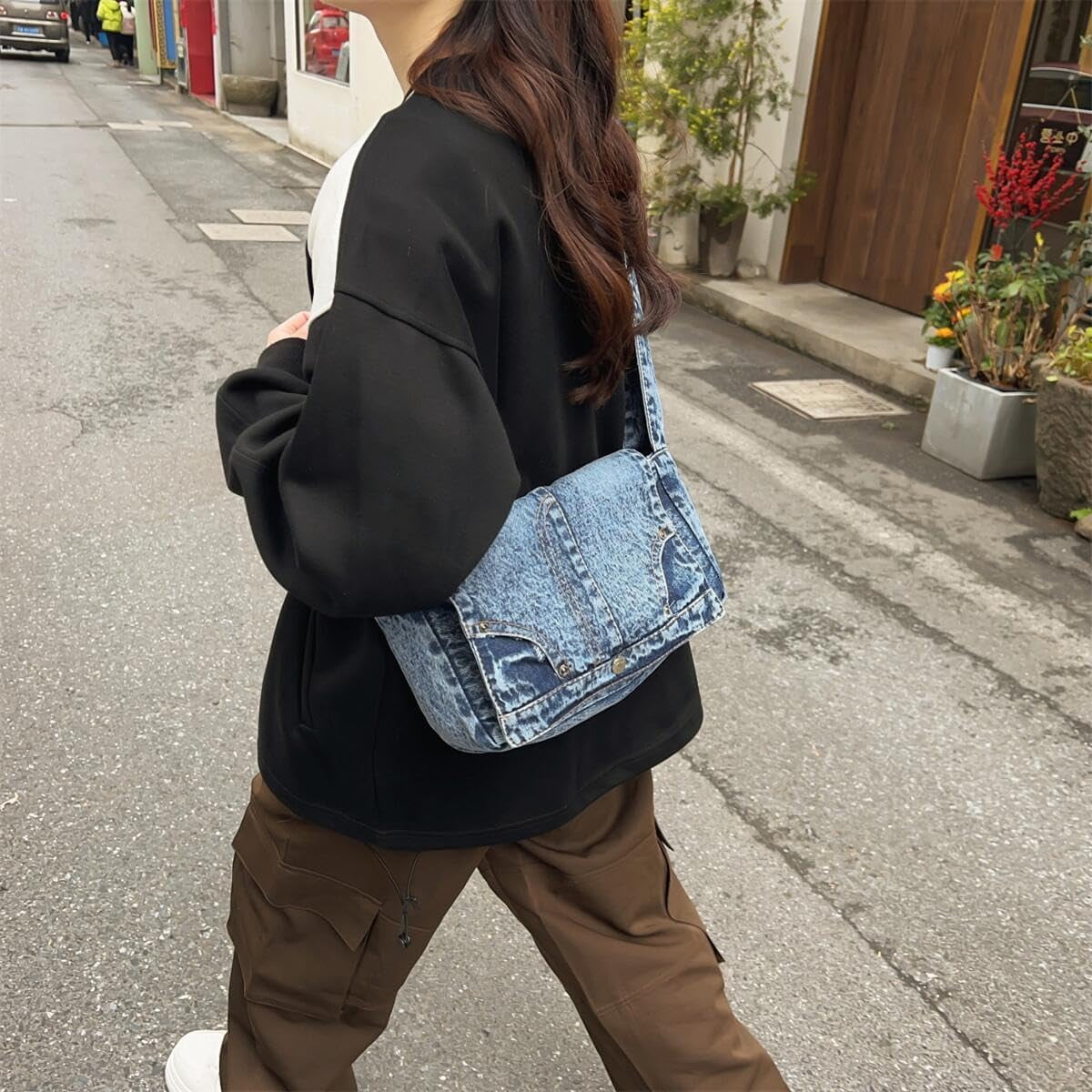 CoCoMangos Denim Shoulder Bag for Women Satchels Large Crossbody Handbag Jean Casual Tote Purse