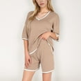 thumbnail image 7 of Women's Knit Lounge Set with V-Neck Top and Drawstring Shorts Featuring Contrast Trim - Khaki, X Large, 7 of 7