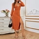 thumbnail image 3 of Vestido largo para mujer, cuello en V profundo, mangas largas abullonadas, abertura lateral, dobladillo de línea A, vestido de cintura alta para uso diario, color caramelo S, 3 of 8
