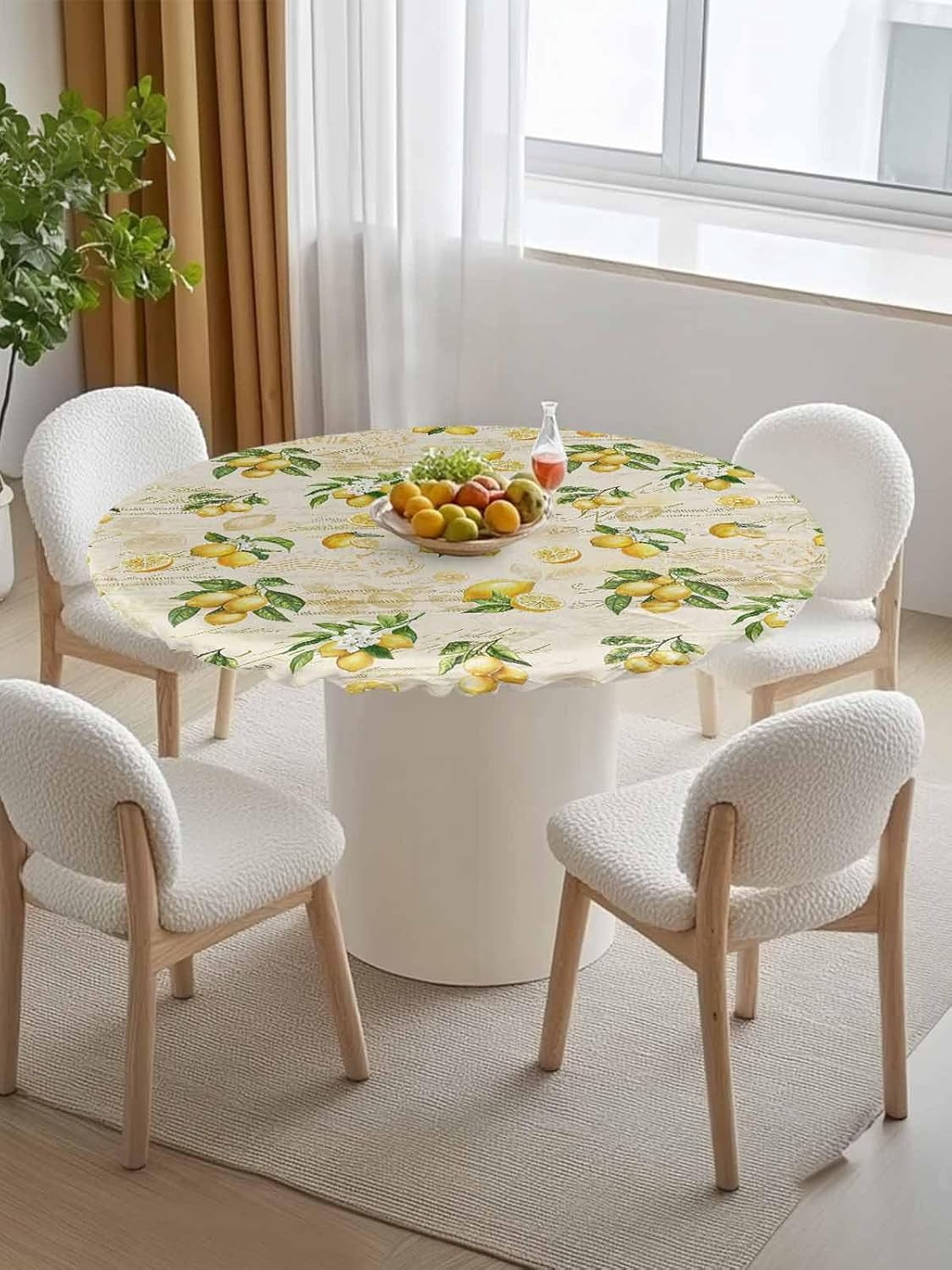 Round Fitted Tablecloth Elastic Edged Table Cover,Summer Farmhouse Lemon on Vintage Stamp Waterproof Wipeable Table Cloths for Kitchen Dining Party Fit up 36"-44" Tables,Rustic Fruit Theme