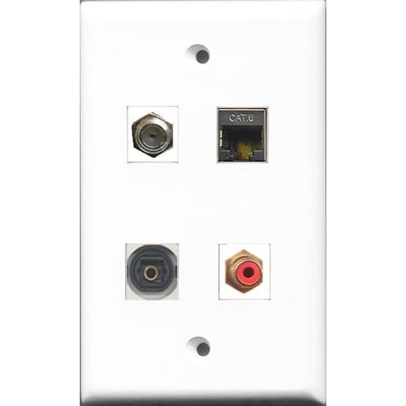 RiteAV 1 Port RCA Red and 1 Port Coax Cable TV- F-Type and 1 Port Shielded Cat6 Ethernet and 1 Port Toslink Wall Plate