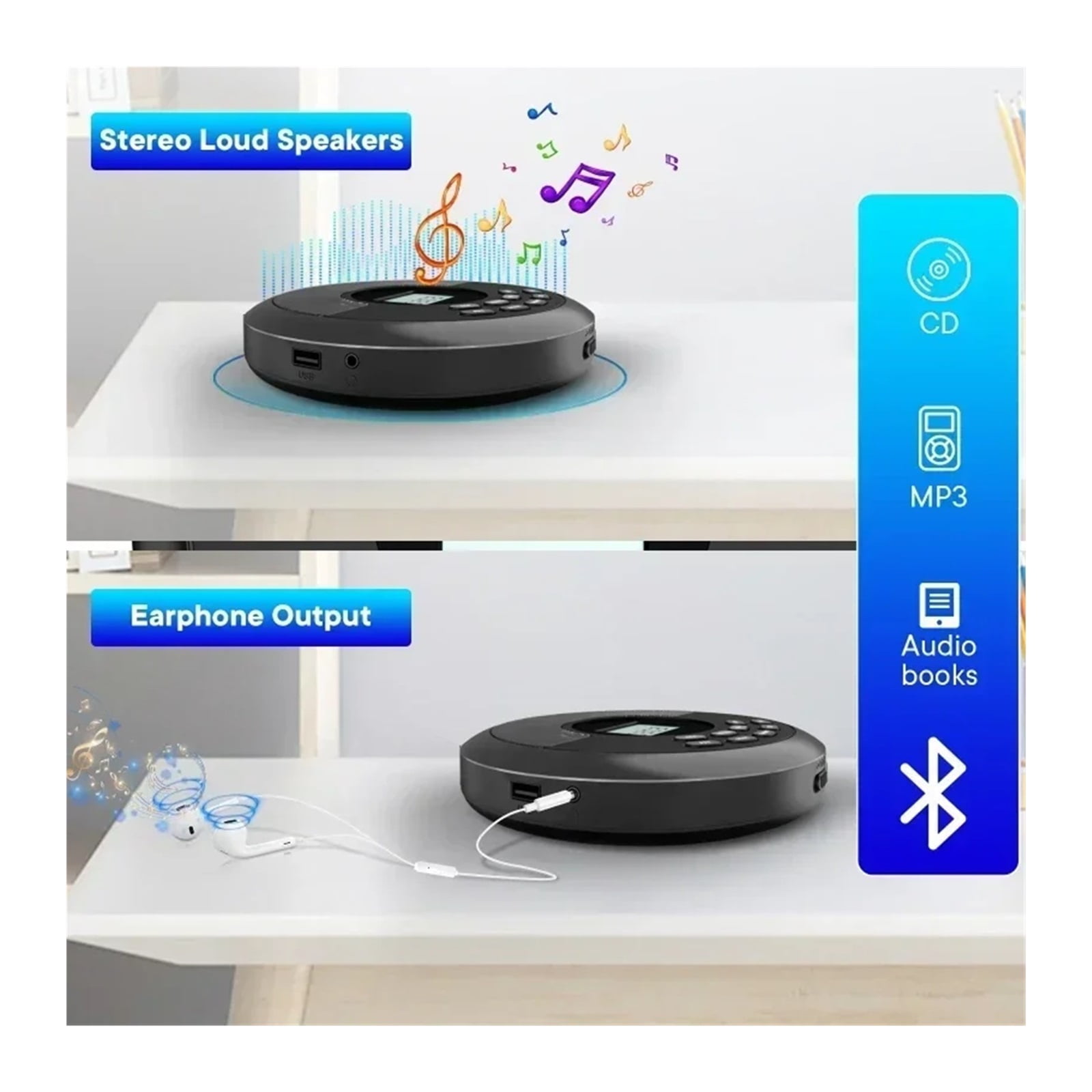 Bluetooth CD Player Portable Rechargeable with Speakers & Headphones Walkman MP3 Player