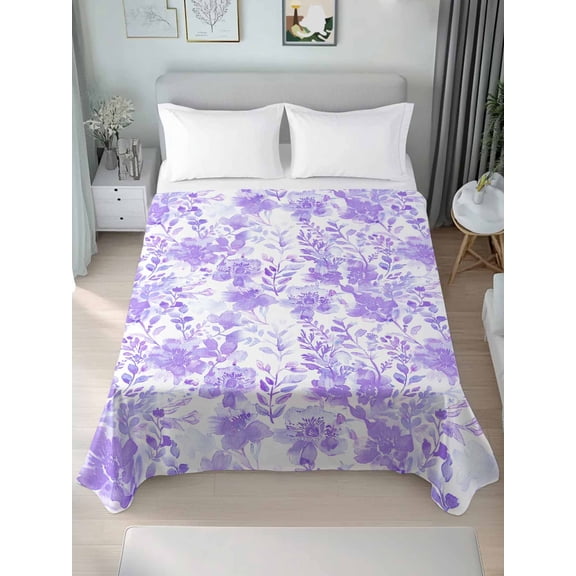 Purple Flowers Full Size Flat Sheet, Wrinkleproof & Fadeproof Cooling Flat Bed Sheet Only, Watercolor Summer Botanical Floral Breathable Soft Bedding Top Sheets 81 x 96 Inches