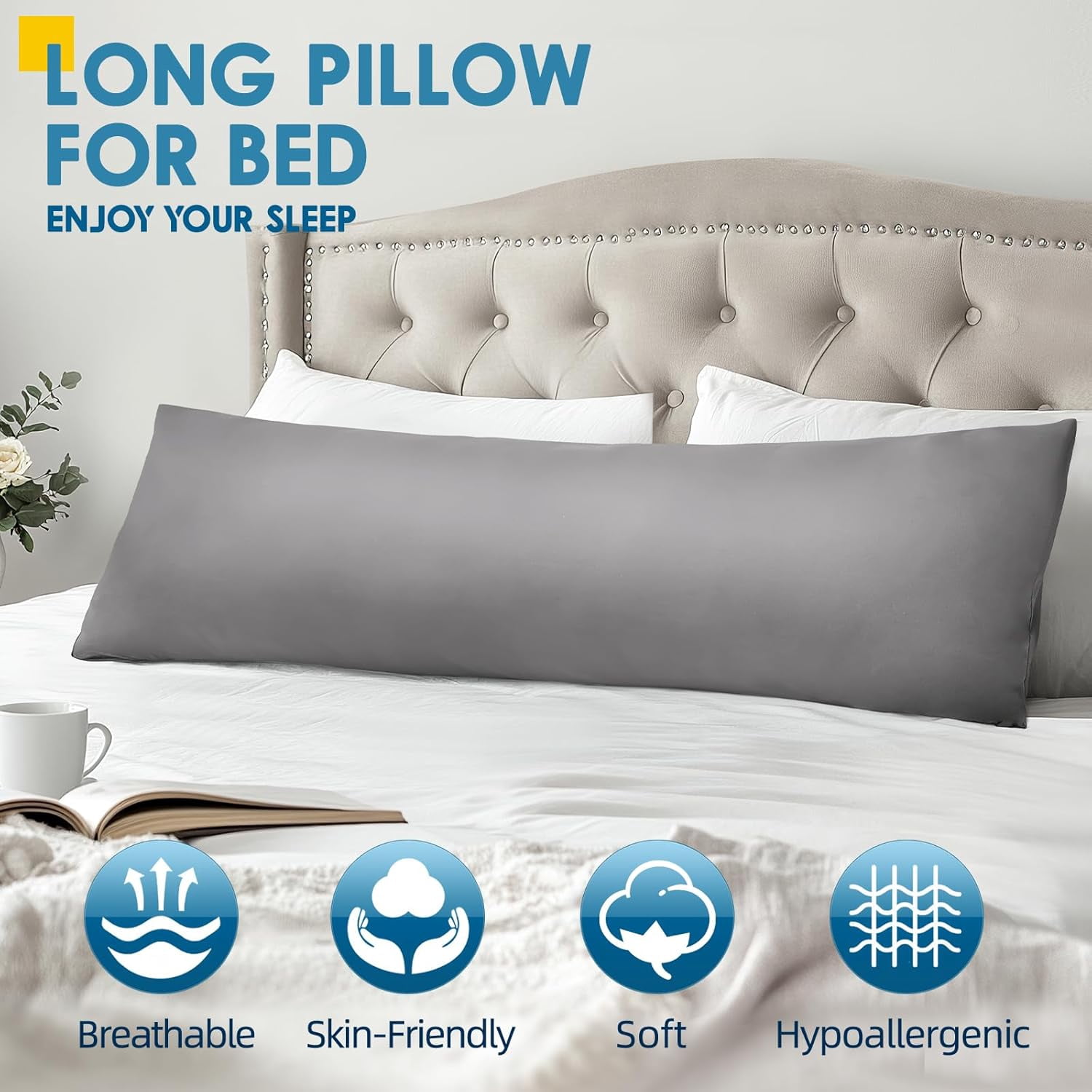 Body Pillow, Memory Foam Body Pillow for Adults, Long Pillow for Bed and Sleeping, Full Long Bed Pillow Insert with Cover (Grey, 20x54 Inch)