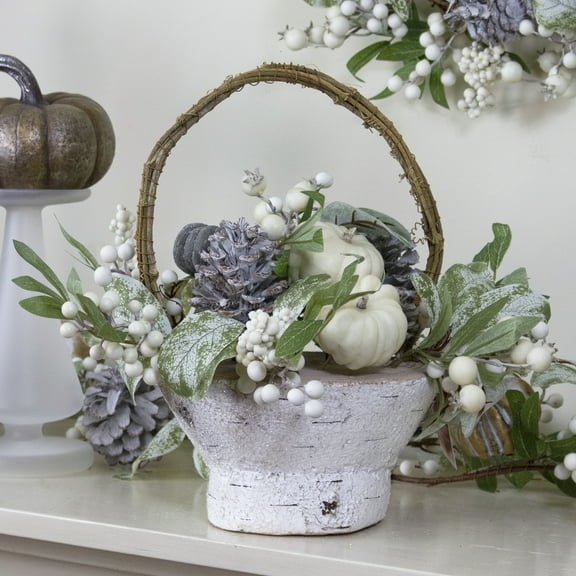 13" Green and Gold Pumpkin and Leaves Artificial Thanksgiving Basket