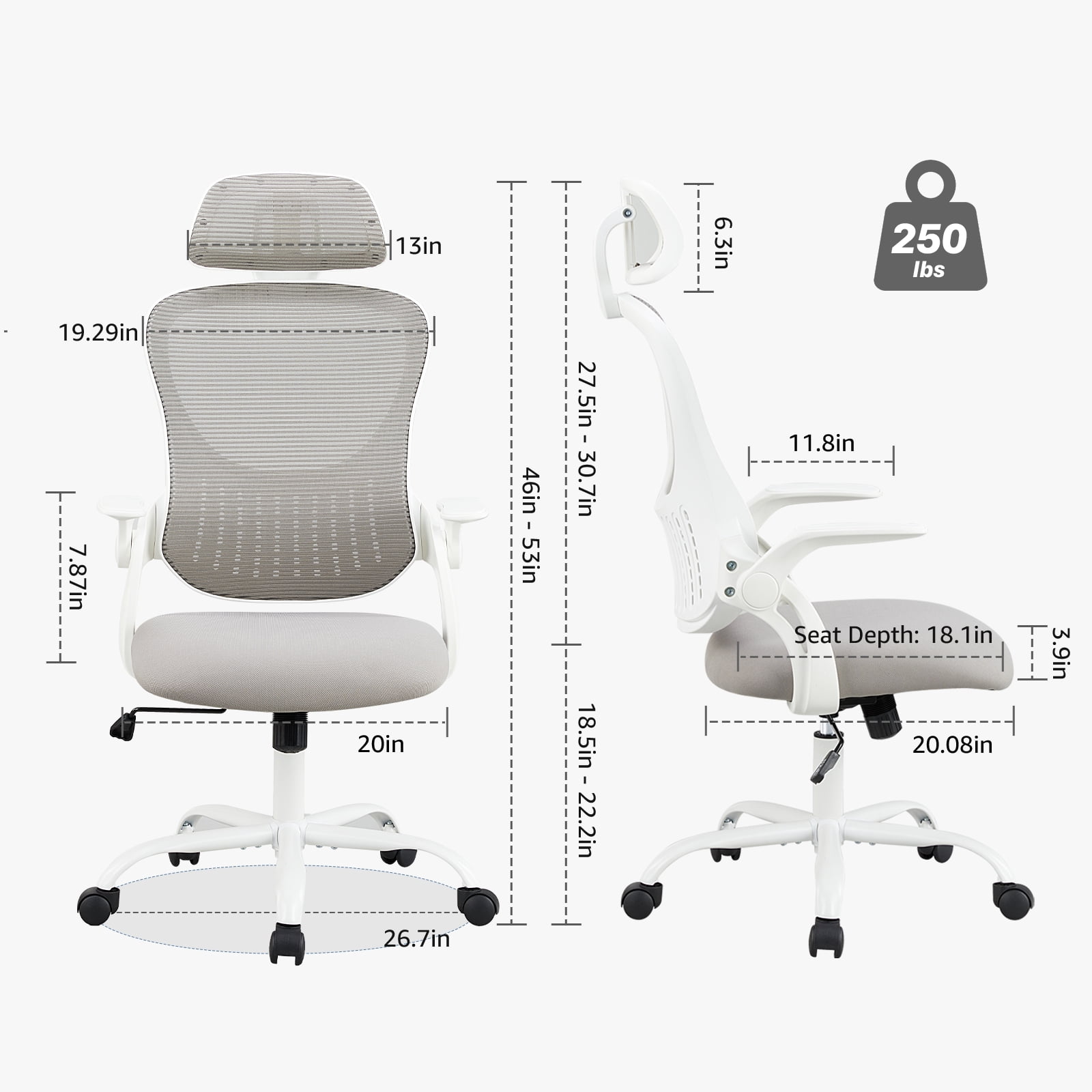CONCETTA Office Computer Desk Chair, Ergonomic High-Back Mesh Chairs with Wheels and Adjustable Headrests, Gray