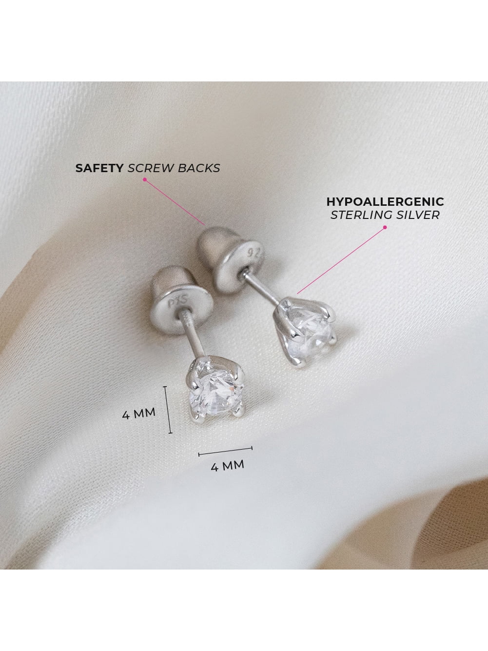 925 Sterling Silver 4mm Prong Set CZ Solitaire Screw Back Earrings for Girls