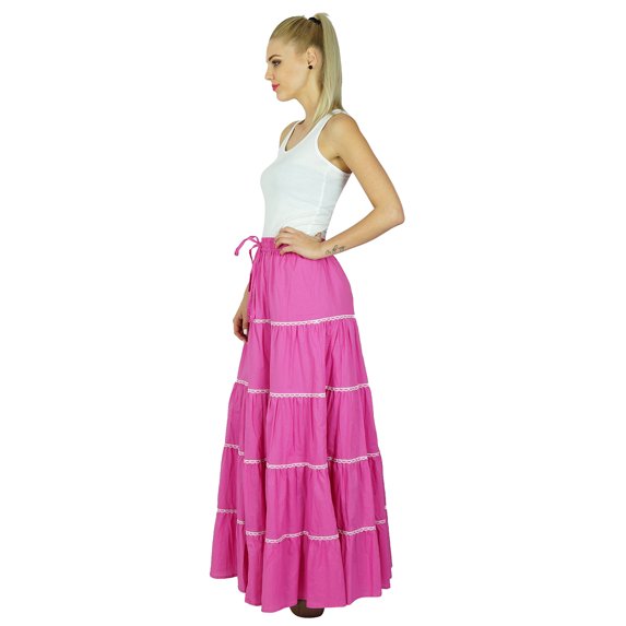 Bimba Womens Long Flaired Cotton Skirt Boho Maxi Bottoms Elastic Waist Clothing