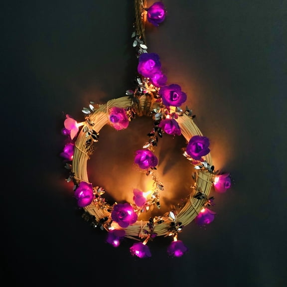 Tiny Silver Leaf Garland with Purple Lace Rose Flower String Light Battery Powered for Indoor Halloween Christmas Party Wedding Garden Décor