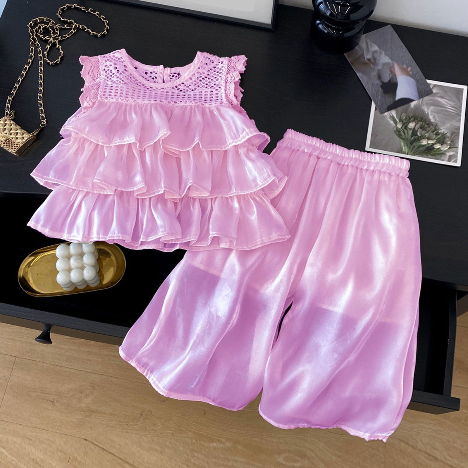 Pandaie 2-10Y Baby Girl Clothes Ruffle Smocked Sleeveless 3 Layered Tutu Shirt Tops Wide Leg Baggy Pants Toddler Summer Beach Outfit Purple 130(7-8 Years)