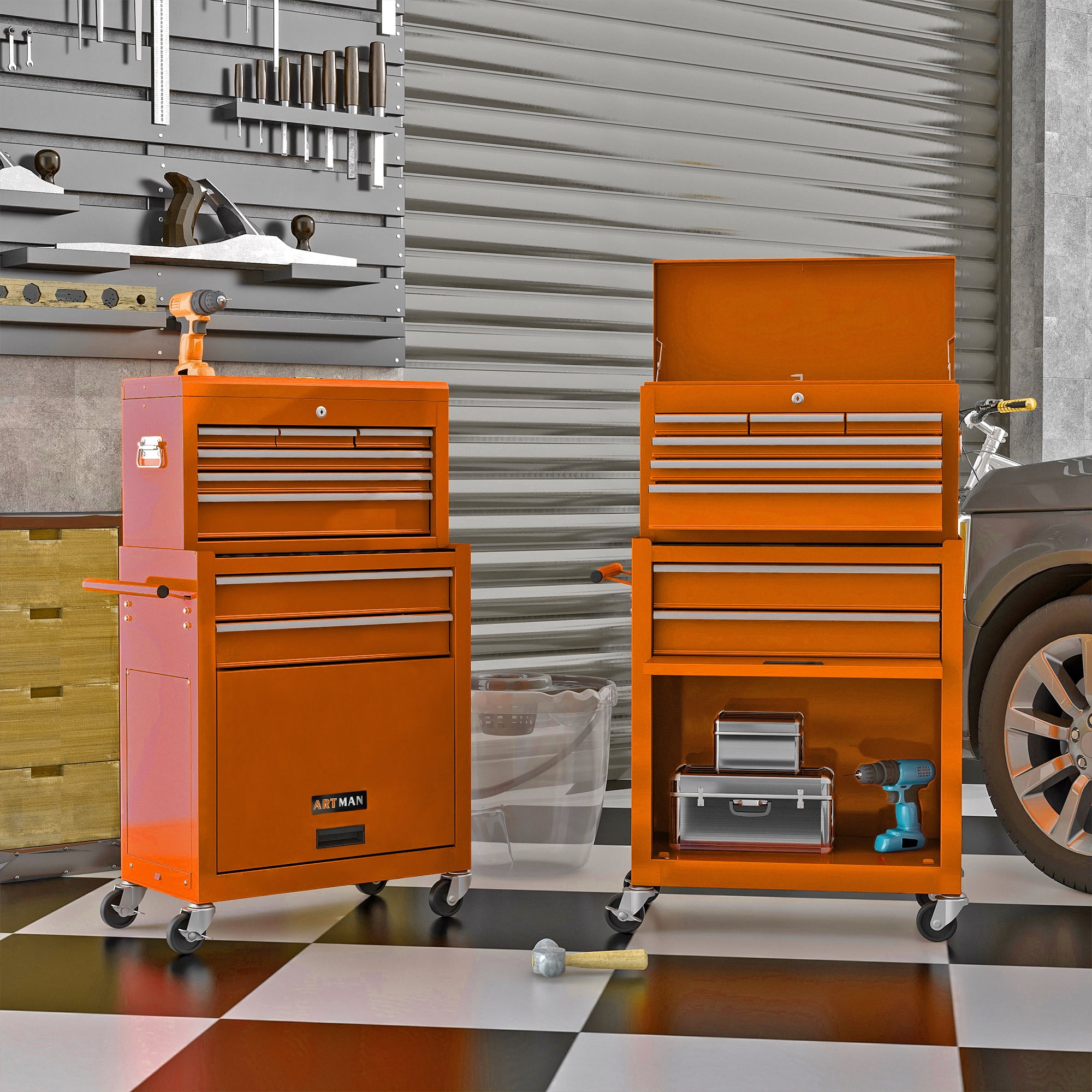 Aukfa Tool Box, 2 in 1 Steel Rolling Tool Chest & Cabinet On Wheels for Garage, 8-Drawers, Orange