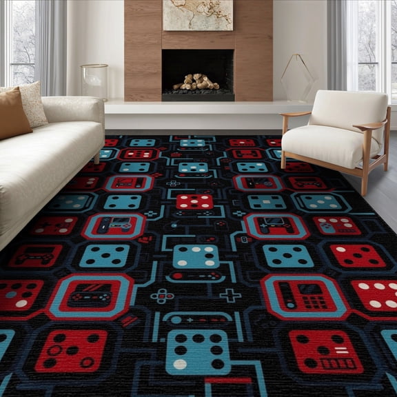 ODIKA 8'x10' Washable Area Rug Non-Slip Chair-Friendly Mat Dice Arcade Console Icons Throw Alfombra Video Led Desk Gamer Flowing Dynamic for Dining Room, Large Office, Lounge