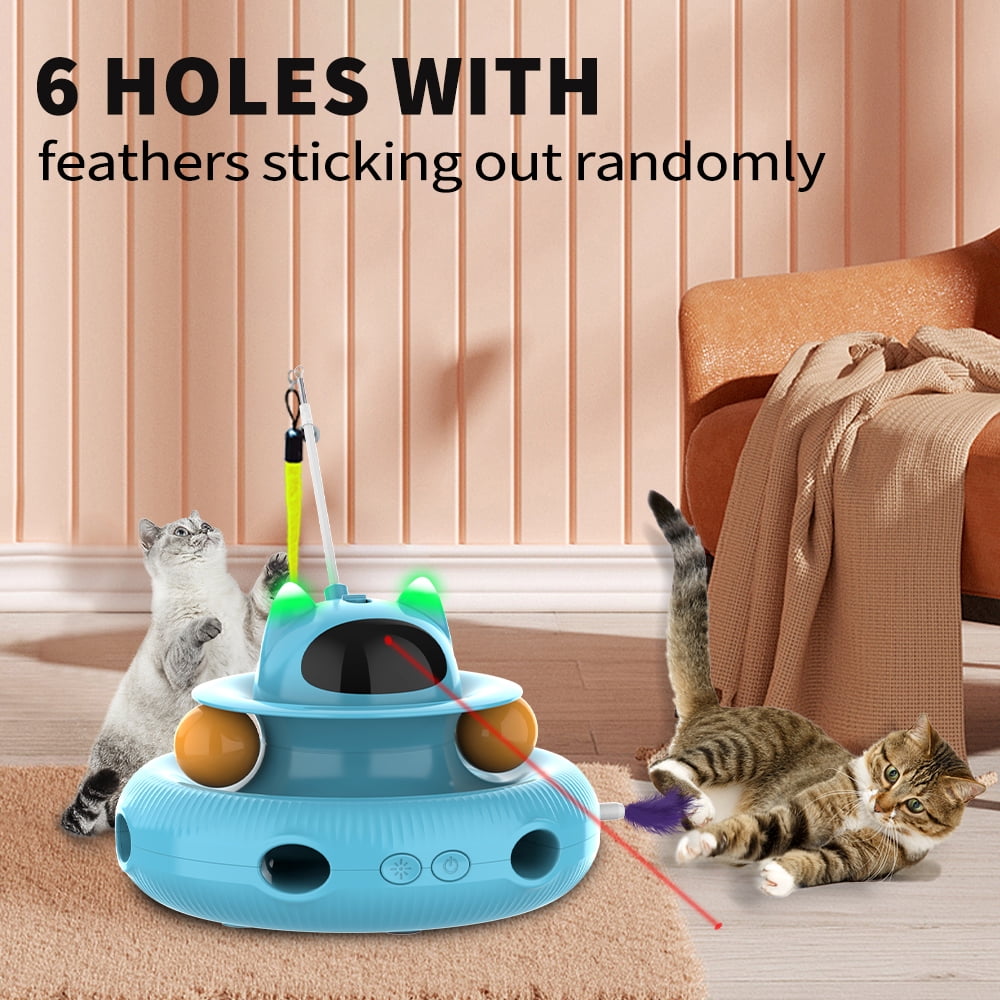 Cornmi 4 in 1 Indoor Interactive Cat Toy with Laser & Retractable Feather Wand, USB Rechargeable, Blue
