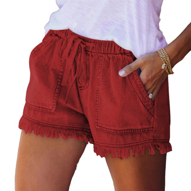 Qarigey Pantalones cortos de mezclilla elásticos para mujer, pantalones cortos de mezclilla para adolescentes, vacaciones en la playa, Prendas para la parte inferior del cuerpo Rojo METRO