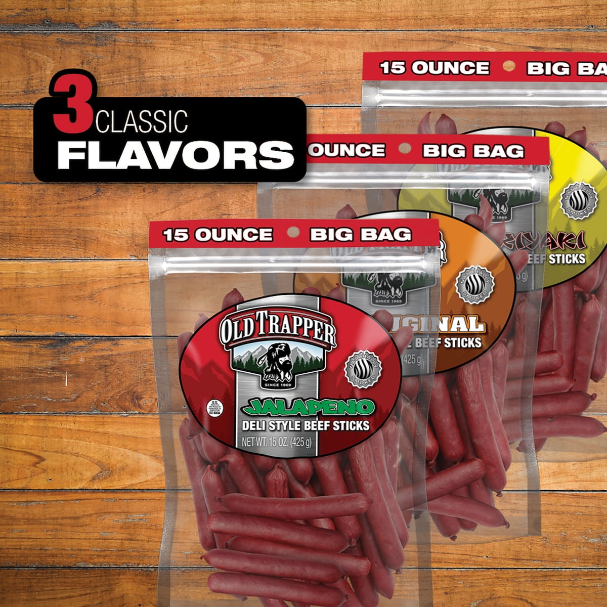 (2 pack) Old Trapper Jalapeno Smoked Beef Stick 15oz Resealable Bag