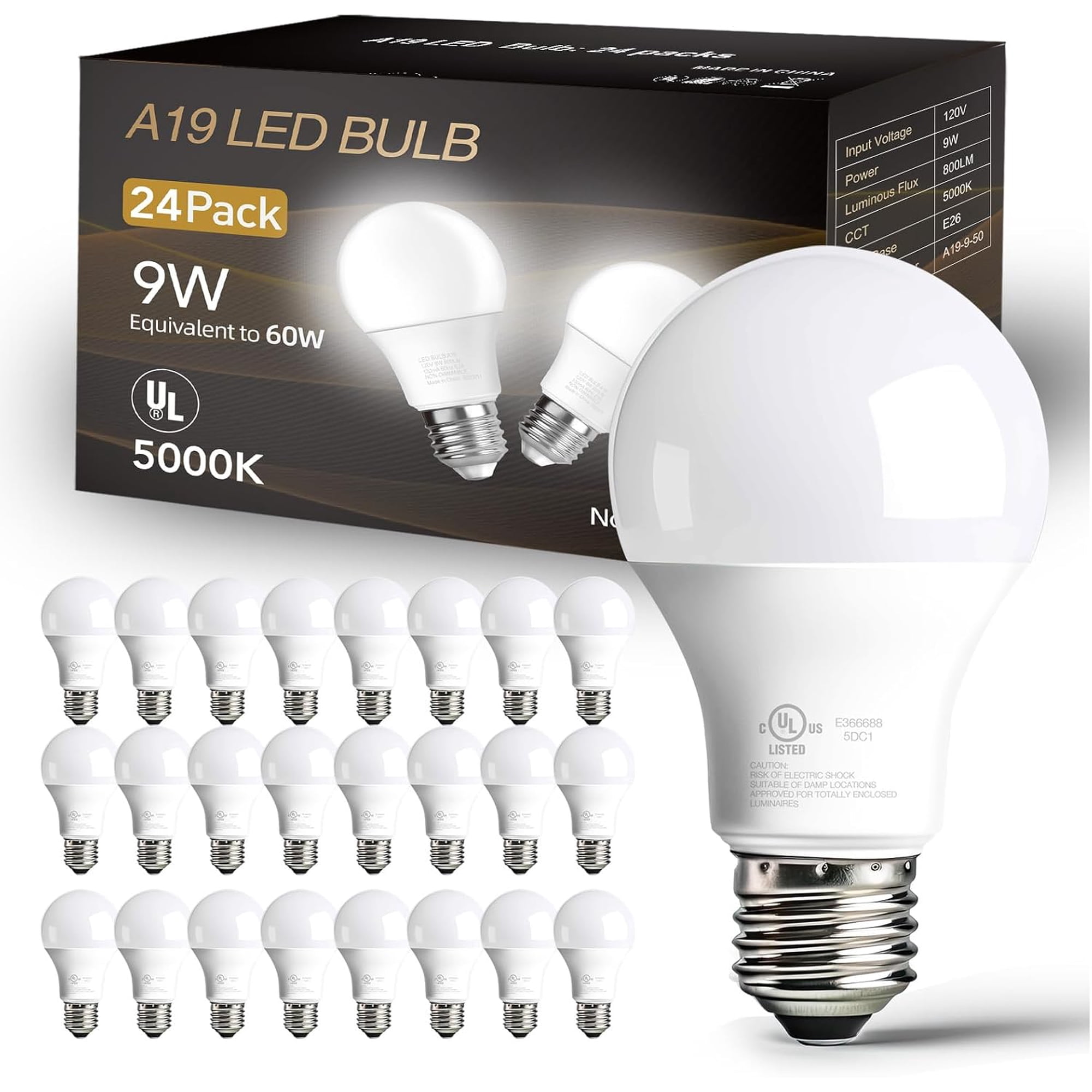 24 Pack LED Bulbs Daylight White 5000K 60 Watt Equivalent A19 Standard Bulbs E26 Base 800 LM Efficient 9W Energy Saving Non-Dimmable 80+ CRI 120V UL Listed for Living Room Office