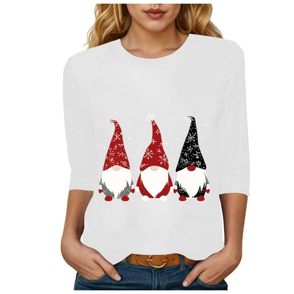 larppty Christmas 3/4 Sleeve Shirts for Women Funny Gnome Print Womens Christmas Holiday Tshirts Clothes Tops (White, L)