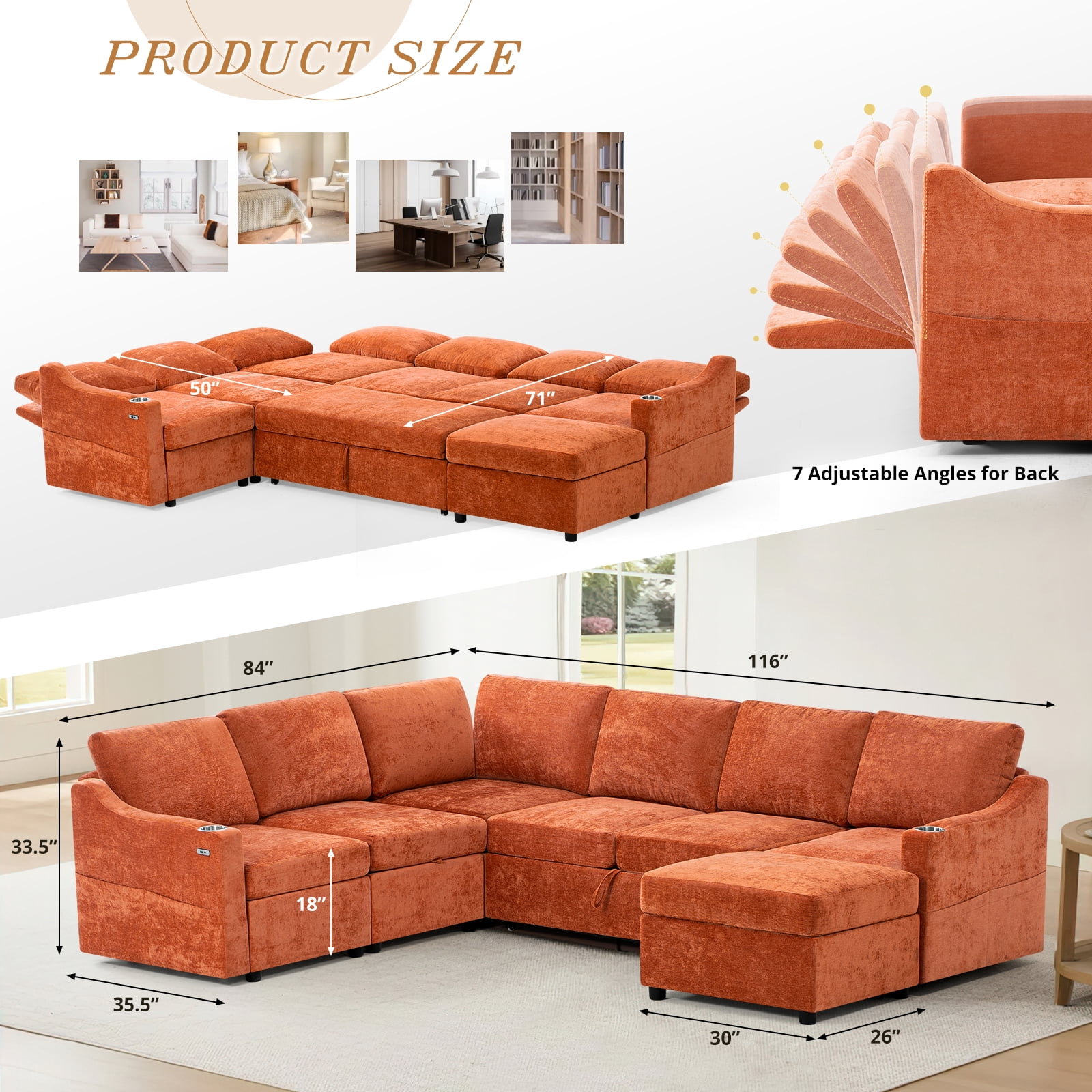 ACMEASE 116 Inches Chenille Sectional Couch w/Adjustable Backrests & Ottoman, Convertible U Shape Sleeper Sofa w/USB Ports, Modular Corner Sofa w/Pull-Out Bed & Storage Space for Living Room, Orange
