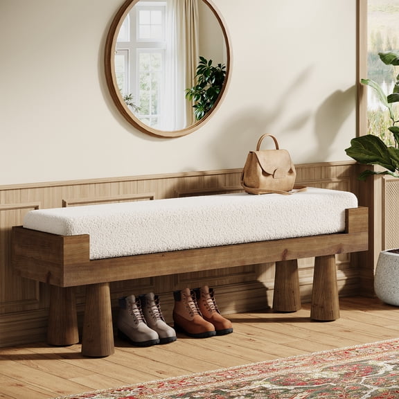 Finmind Upholstered Entryway Bench, Shoe Bench Padded Seat with Solid Wood Legs, End of Bed Footstool for Living Room, Mudroom, Hallway, White & Brown
