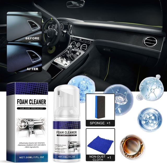 VBXOAE Multipurpose Car Interior Foam Cleaner 0.1 fl oz Stain Remover Protection Spray for Fabric Leather Vinyl and Glass with Sponge and Cloth Included
