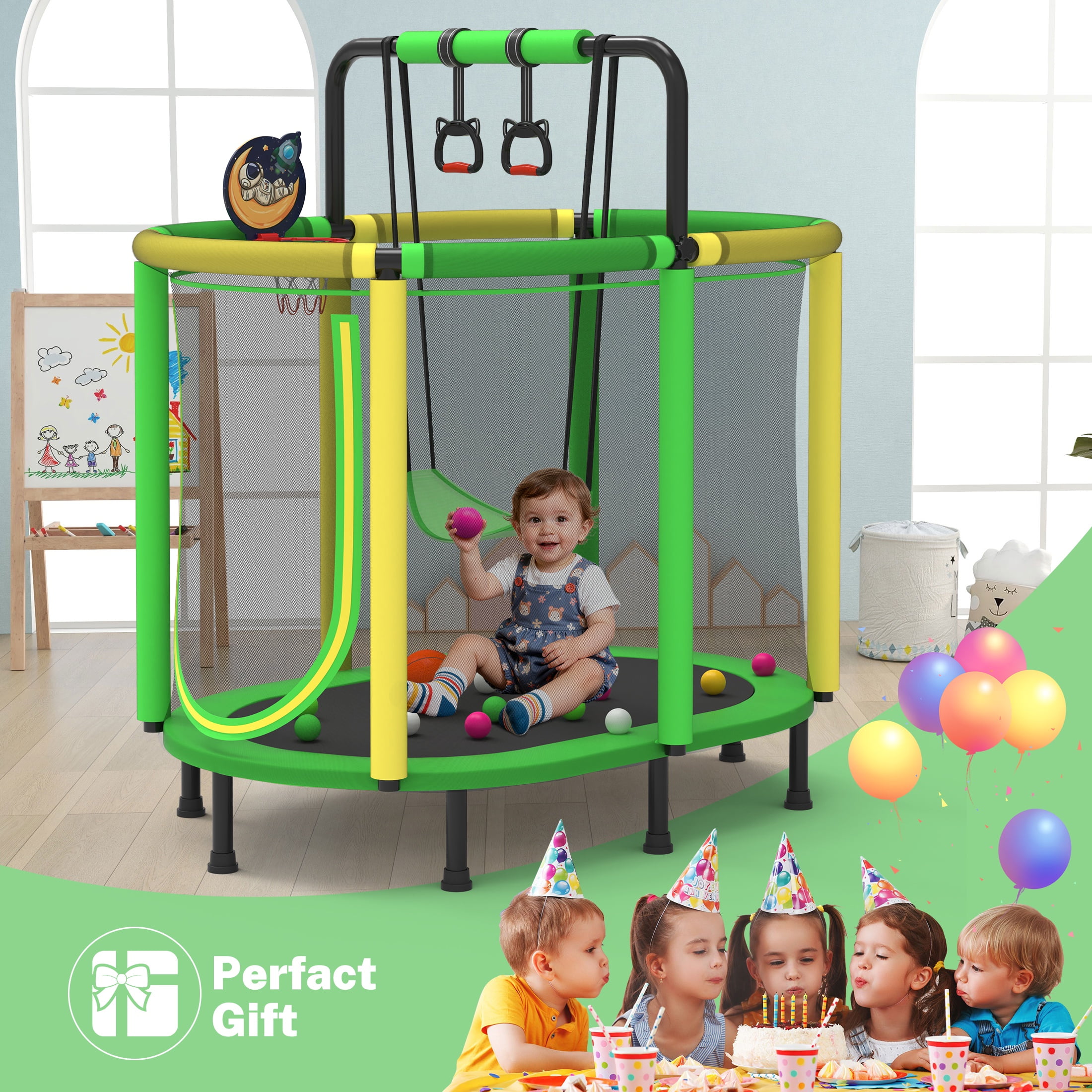 60" Toddler Trampoline with Safety Enclosure Net, SEGMART Upgraded Kids Trampoline with Basketball Hoop, Swing, Rings, Balls, Indoor Outdoor Mini Trampoline Birthday Gift for Kids Ages 3-9