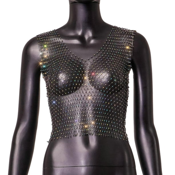 Tops cortos de malla para mujer, camisetas sin mangas para fiesta en discoteca, disfraces, accesorios, decoración Cuello en V negro AB Hugo Top corto de malla