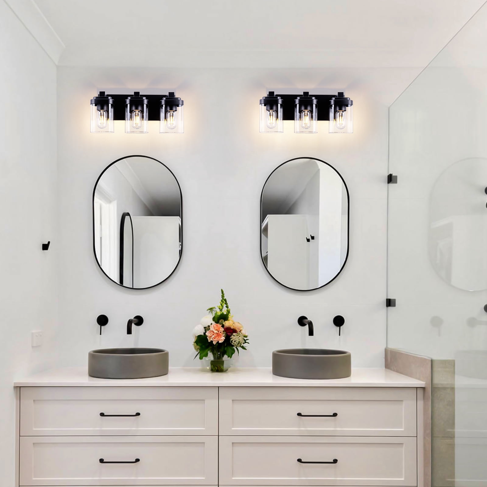 3-Light Black Bathroom Vanity Light, Modern Vanity Lighting Fixture for Bathroom, 15.75" Matte Light Fixture, Wall Sconces with Clear Glass Shade, Black Bathroom Wall Light Over Mirror