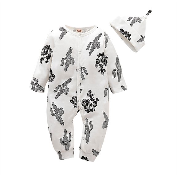 Odeerbi Infant Boys Girls Fall Winter Long Sleeve Romper Jumpsuit Cotton Baby Clothes Newborn Infant Baby Floral Bodysuit Jumpsuit Sleepwear Hat Outfits Set White
