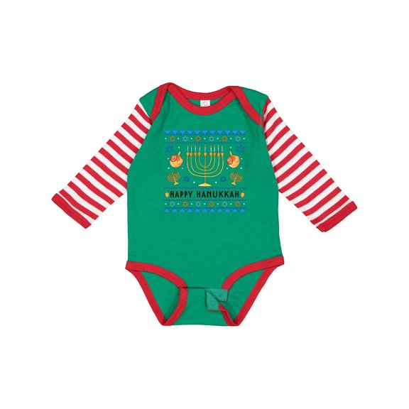 Inktastic Happy Hanukkah Sweater Style Design with Menorah and Dreidel Boys or Girls Long Sleeve Baby Bodysuit