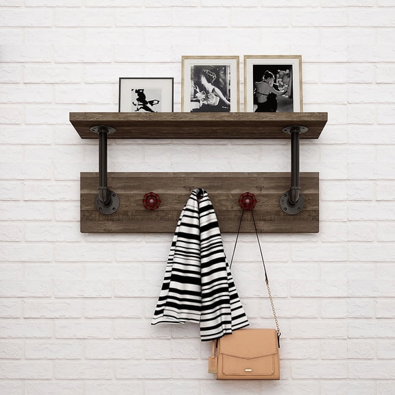 Trent 1-Shelf Wood Reclaimed Oak Decorative Wall Shelf with 3-Hook