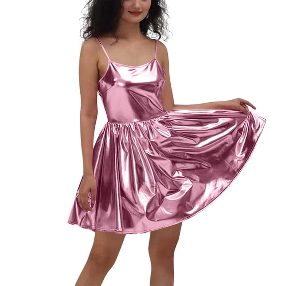 XFLWAM Women Shiny Metallic Mini Dress Sleeveless Spaghetti Strap A Line Swing Party Dress for Cocktail Nightclub