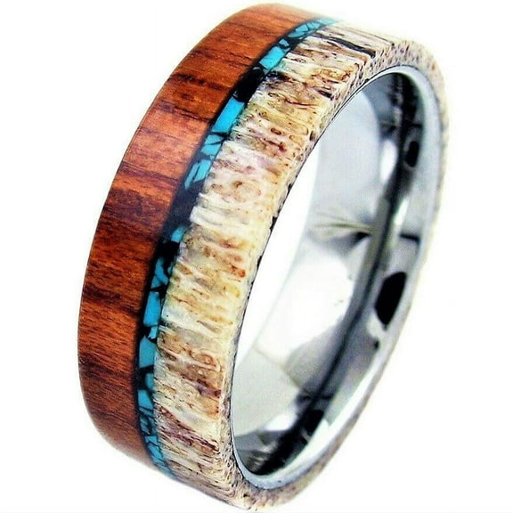 Tungsten Rings for Men Wedding Bands for Him Womens Wedding Bands for Her 6mm Sandalwood With Deer Antler and Turquoise
