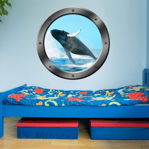 VWAQ Breaching Whale Ocean Ship Window Porthole Wall Decal Nature View Sticker Wall Mural (PO6 14" Diameter)