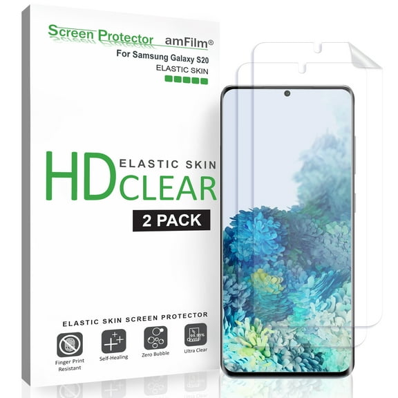 Galaxy S20 Screen Protector (2 Pack), amFilm Flexible (Case Friendly) HD Clear Elastic Skin Film (2020)