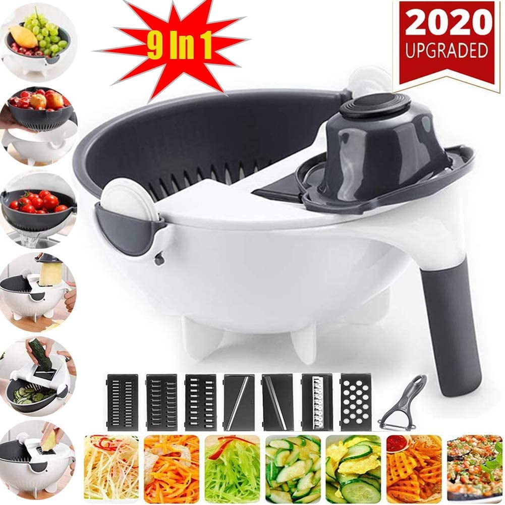 9 In 1 Multifunction Vegetable Cutter with Drain Basket & Rotatable pad 