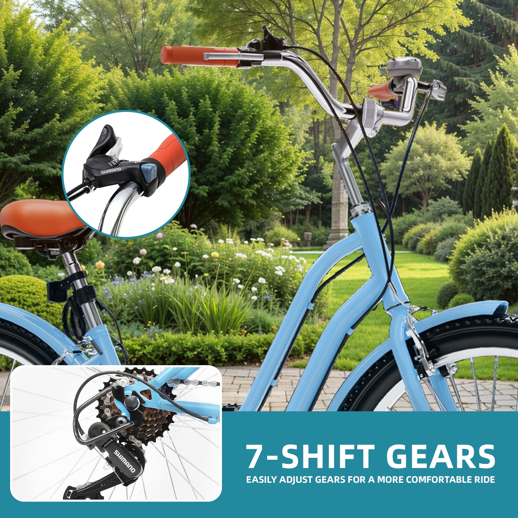 Uforic 26'' Beach Cruiser Bike with 7-Speed, Wide Tires, Adjustable Seat, Fenders, for Adult, Blue