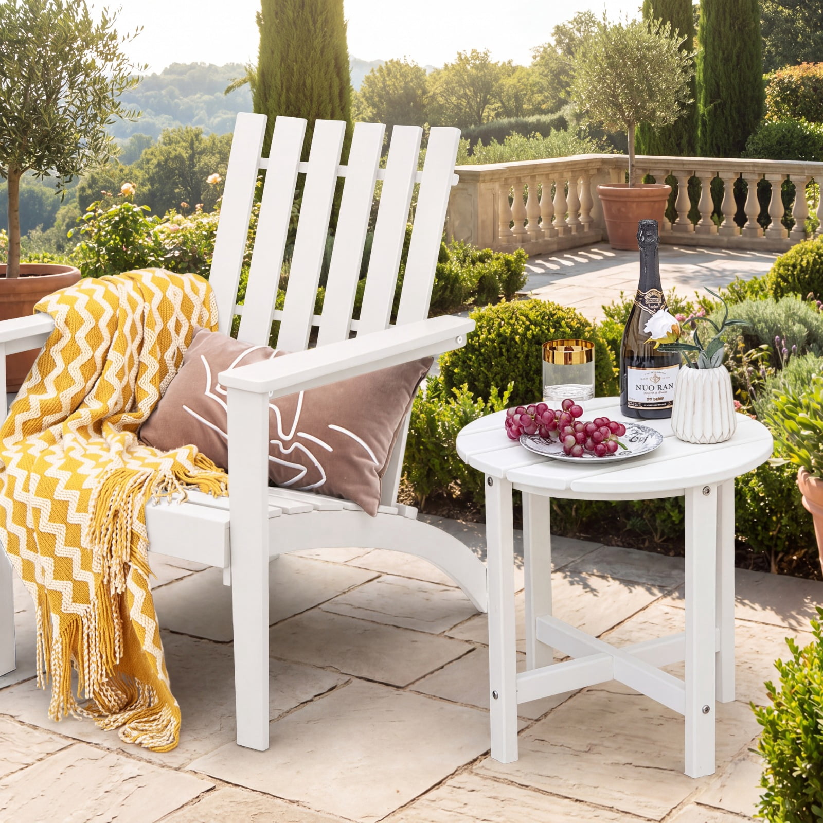 Furnibear 18 Inch Round Weather Resistant Adirondack Outdoor Side Table with Slatted Top for Patio Deck and Garden Seating, White