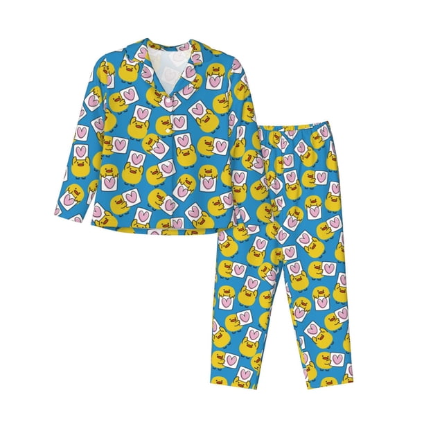 Fotbe Lovely Duck Conjunto de Pijama de Manga Larga para Mujer con Estampado, Ropa de Dormir de 2 Piezas, Conjunto de Casa Suave y Cómodo con Bolsillos-XX-Large