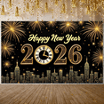 thumbnail image 5 of Golden Fireworks Happy New Year Banner Clock Design New Year Backdrop City Skyline Gold Lettering 2026 Festive Background for New Year Party New Year Eve Holiday Celebration, 5 of 9