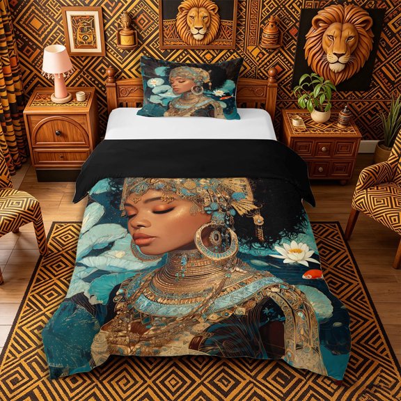 Castle Fairy Elegant African Queen Twin Duvet Cover,Serene Lotus Koi Fish Twin Bedding,Teal Gold White,Black Reversible,2pcs,No Comforter,1 Duvet Cover and 1 Pillowcase