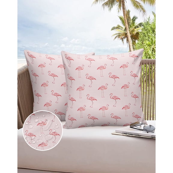 Outdoor Throw Pillow Cover Summer Watercolor Pink Flamingo Waterproof Cushion Covers 2 Pack Tropical Animal Romance Pillow Cases Home Decoration for Patio Garden Couch Sofa