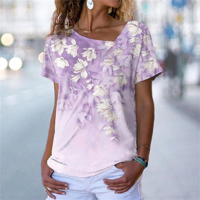Camiseta con estampado Floral 3D para mujer, Tops básicos de manga corta con cuello de pico informales, ropa de calle Vintage, camisetas holgadas para mujer 2022