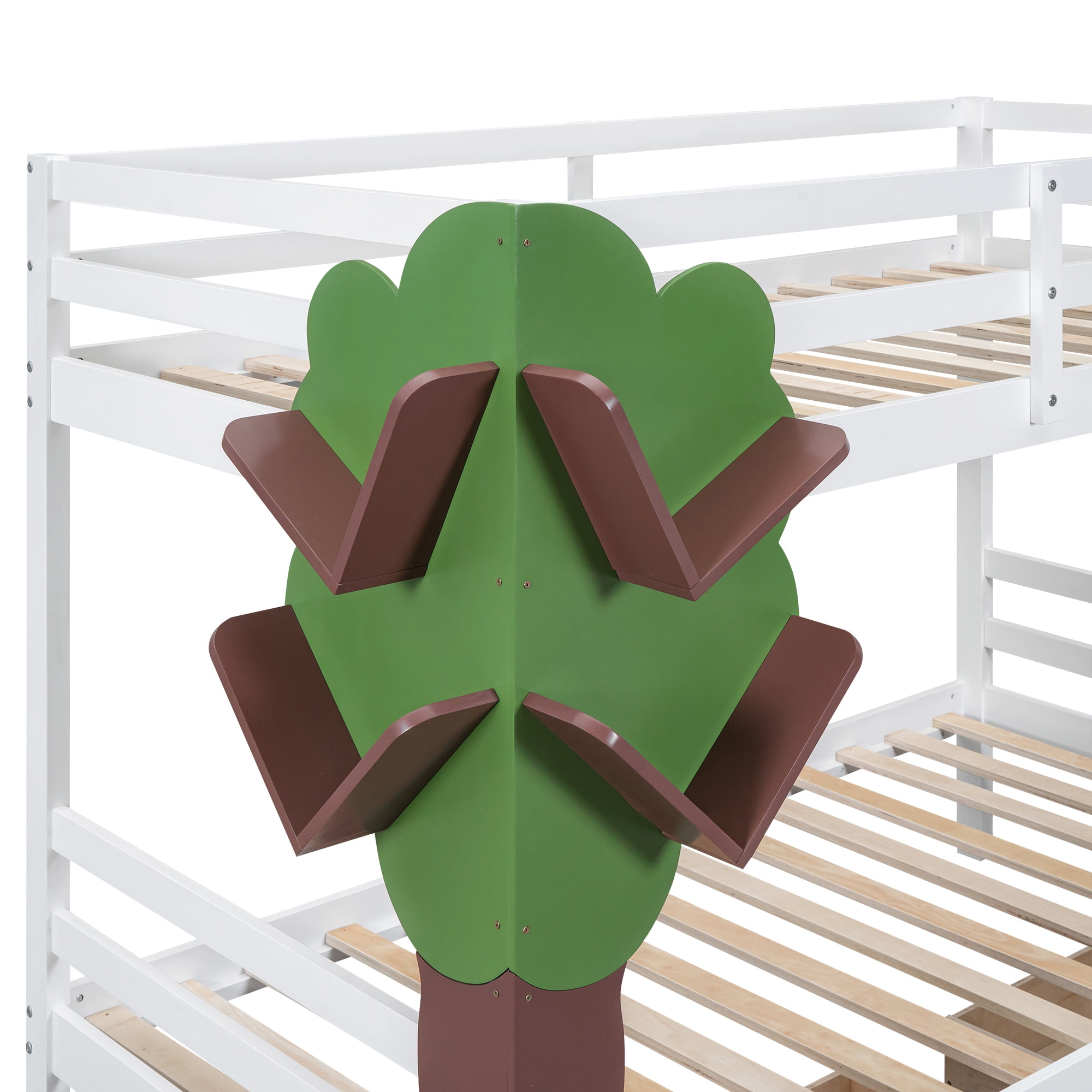 DEALTOPS Twin-Over-Twin Bunk Bed with a Tree Decor and Two Storage Drawers - White
