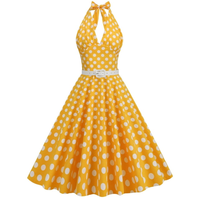Birdeem Robe d'Été Sans Manches Rétro pour Femmes à Pois Patchwork avec Ceinture et Col Suspendu