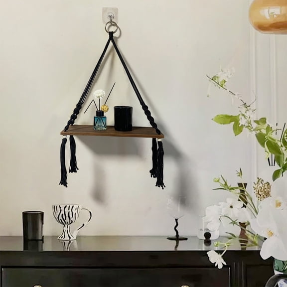 Tassel Flower Pot Shelf, Hand Woven Wall Decor, Wooden Hanger with Cotton Thread, Pomicia Style for Living Room, Bedroom, or Office, 23.6x13.7 Inches, 1 Piece